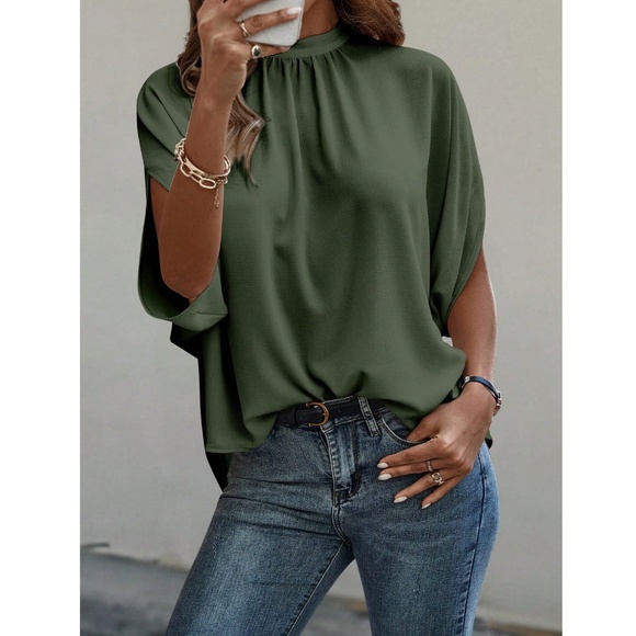 Army Green Blouse Top Flowy, High Neck - Picture 2 of 11